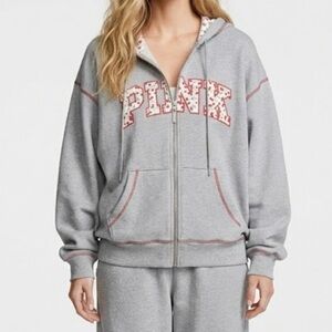 PINK FRANKIES x BERRY FULL ZIP HOODED SWEATSHIRT IN HEATHER GREY ON HAND MEDIUM